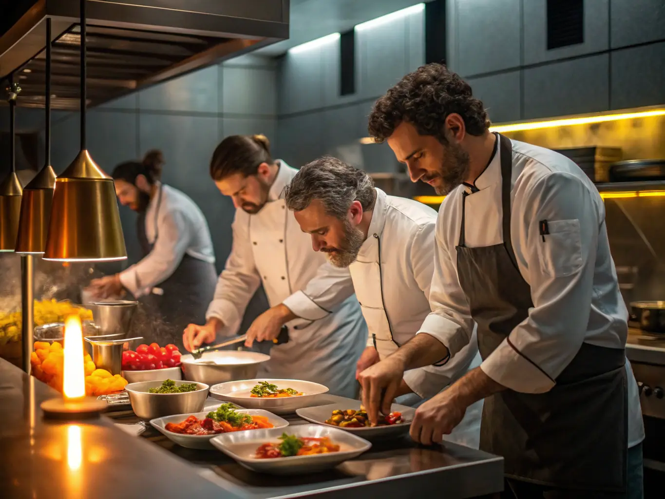A bustling restaurant kitchen with chefs preparing meals, showcasing the fast-paced environment of the restaurant industry.