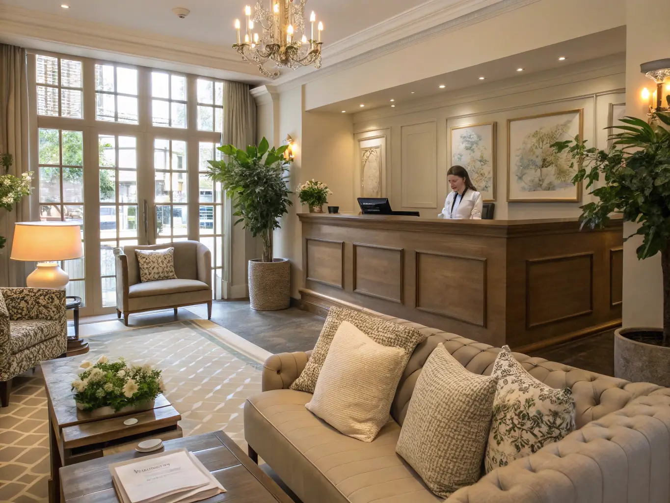 A vibrant and welcoming hotel lobby with guests checking in, representing the tourism and hospitality sector.