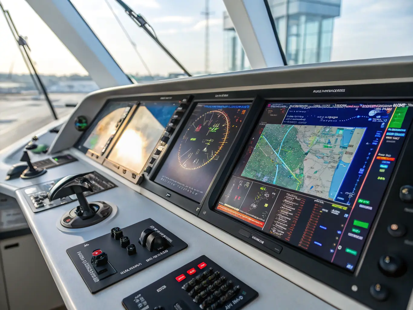 A high-angle shot of a modern airplane cockpit with various instruments and controls visible, symbolizing the aviation industry.