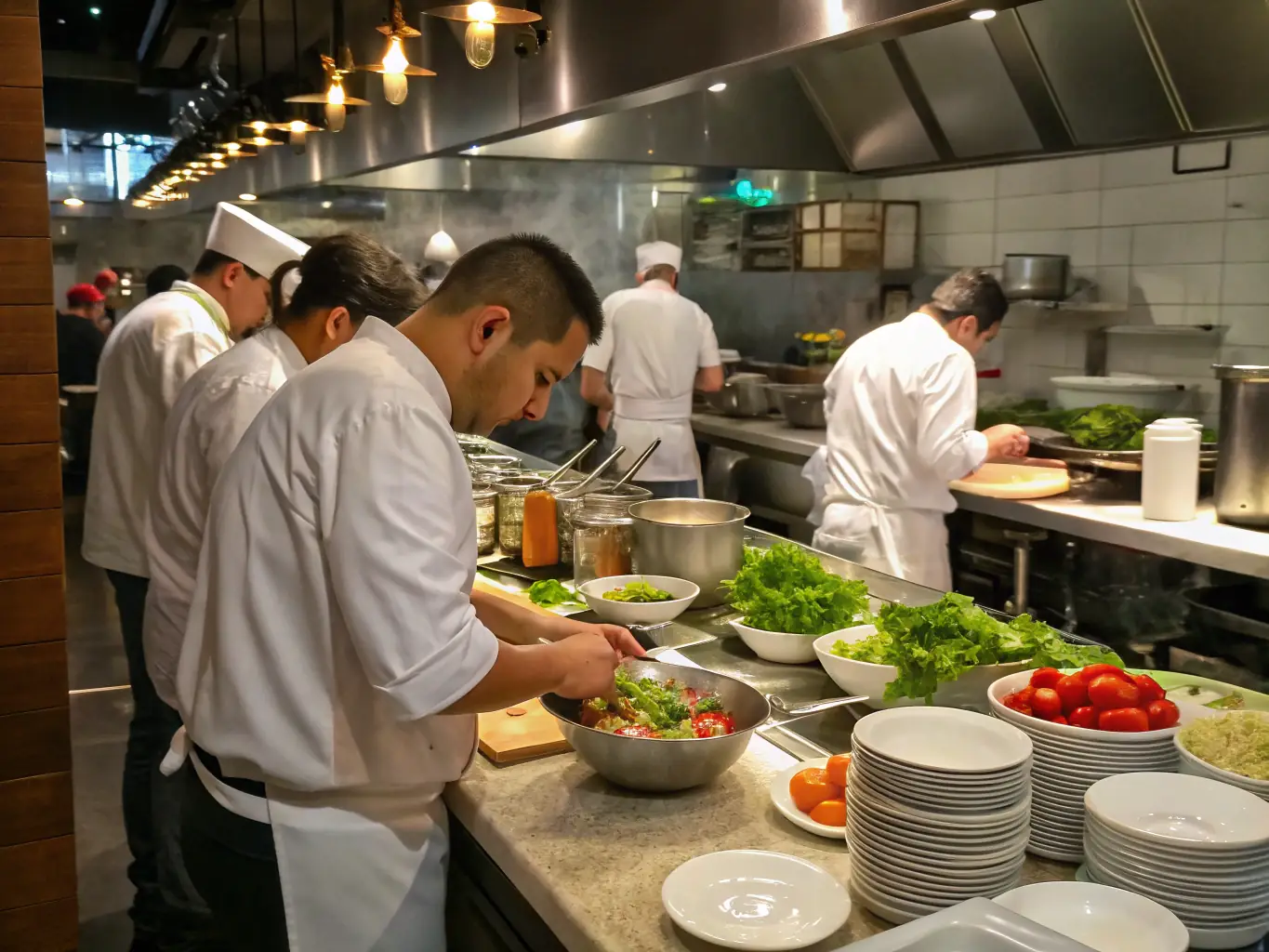 A bustling restaurant kitchen with chefs preparing meals, representing the restaurant industry and GoHire Staffing's ability to find qualified culinary professionals.