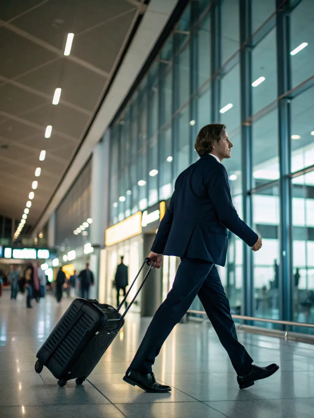 A sharply dressed pilot confidently walking through an airport terminal, pulling a rolling suitcase, symbolizing GoHire Staffing's expertise in aviation recruitment.