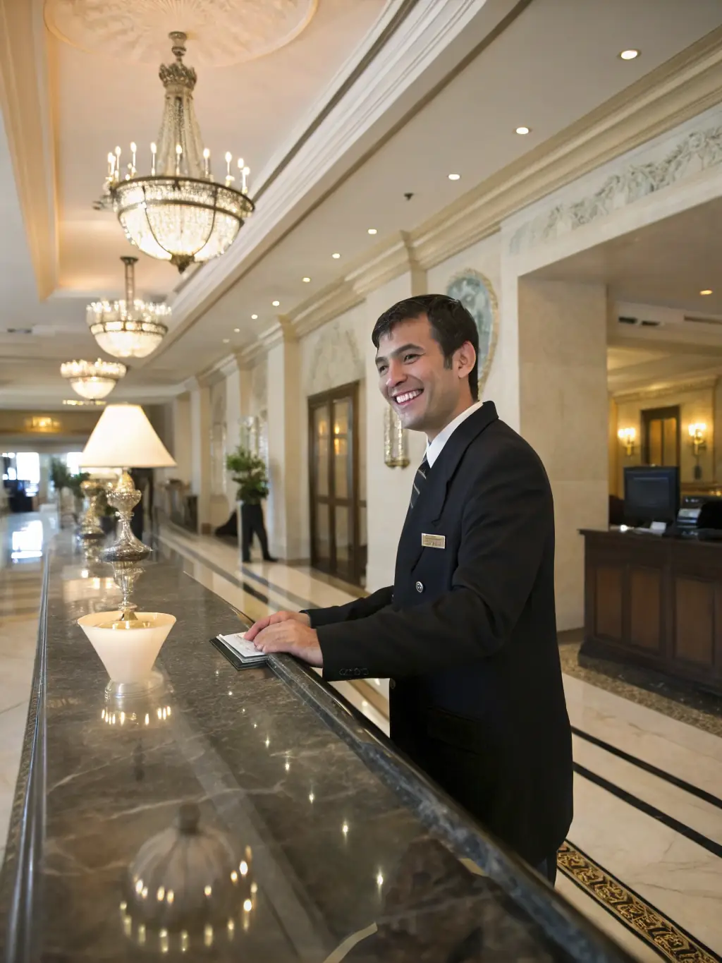 A dynamic photo of hotel staff assisting guests, showcasing the tourism and hospitality sector expertise of GoHire Staffing.