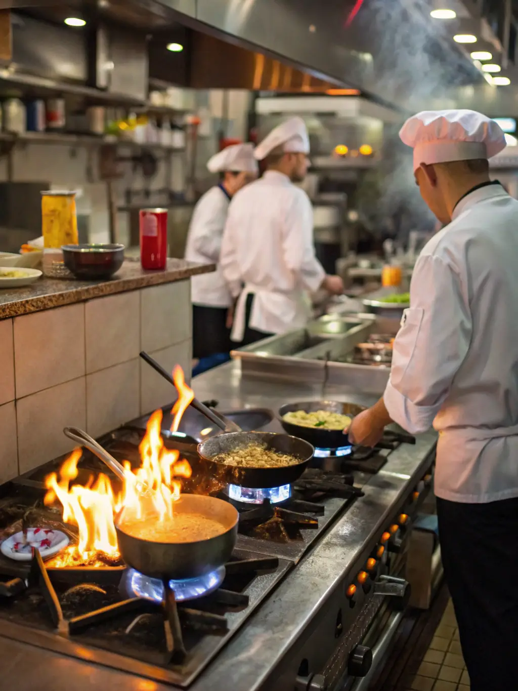A vibrant image of a restaurant kitchen with chefs preparing meals, representing the restaurant and hospitality industry focus of GoHire Staffing.