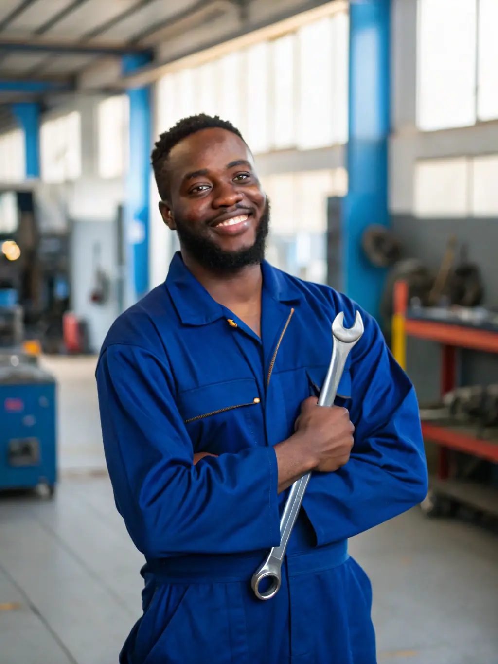 A professional headshot of a smiling aviation mechanic, set against the backdrop of an airplane hangar, symbolizing the aviation sector expertise of GoHire Staffing.