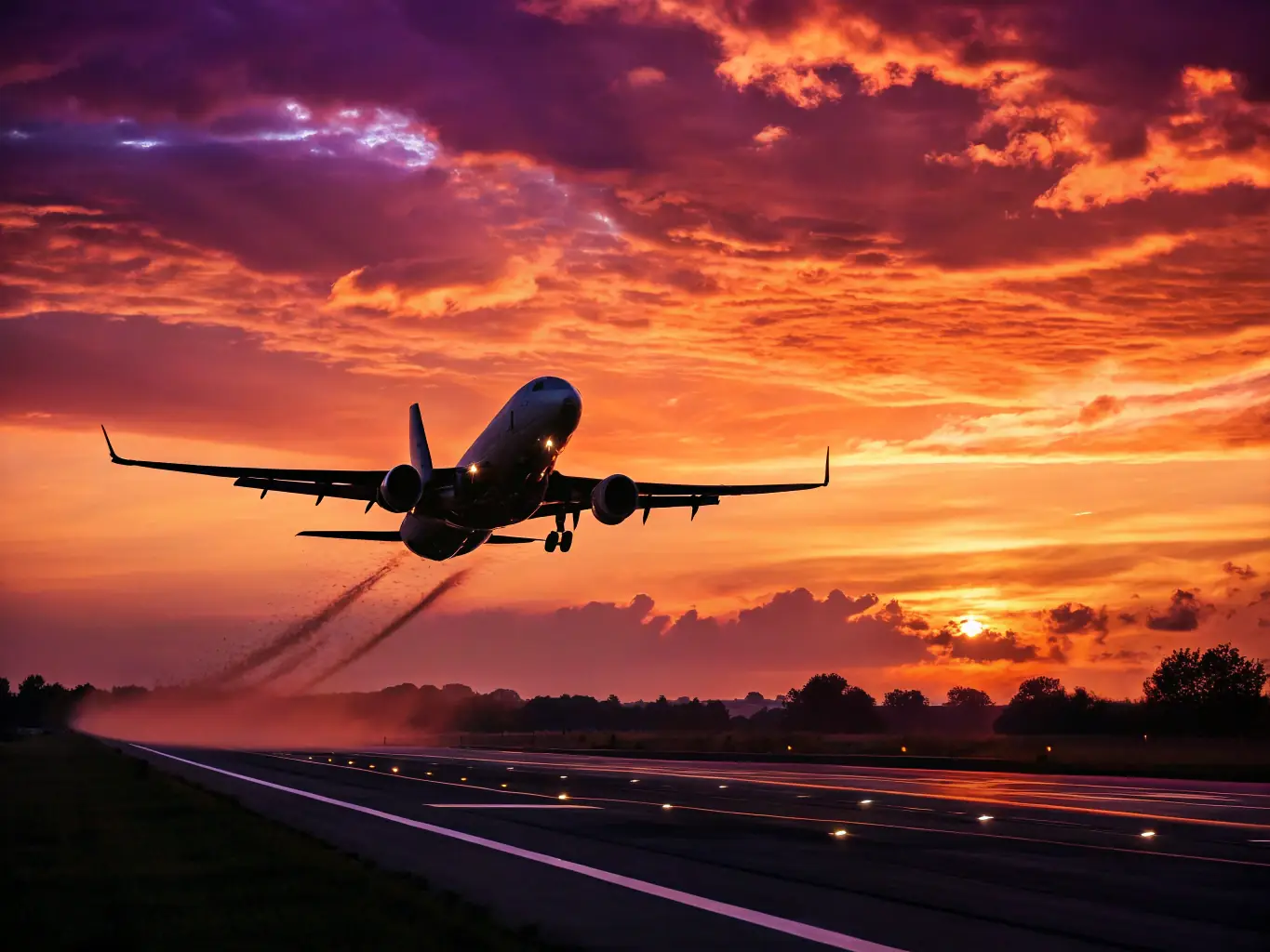 A modern airplane taking off at sunset, symbolizing the aviation industry and GoHire Staffing's role in providing skilled personnel for airlines and aviation services.