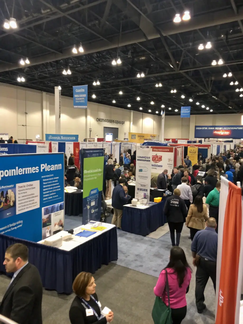 A vibrant job fair event with candidates interacting with recruiters from various companies, highlighting GoHire Staffing's role in organizing such events.
