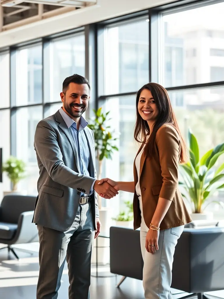 A professional recruiter in a modern office setting, shaking hands with a candidate, symbolizing a successful direct-hire placement by GoHire Staffing.