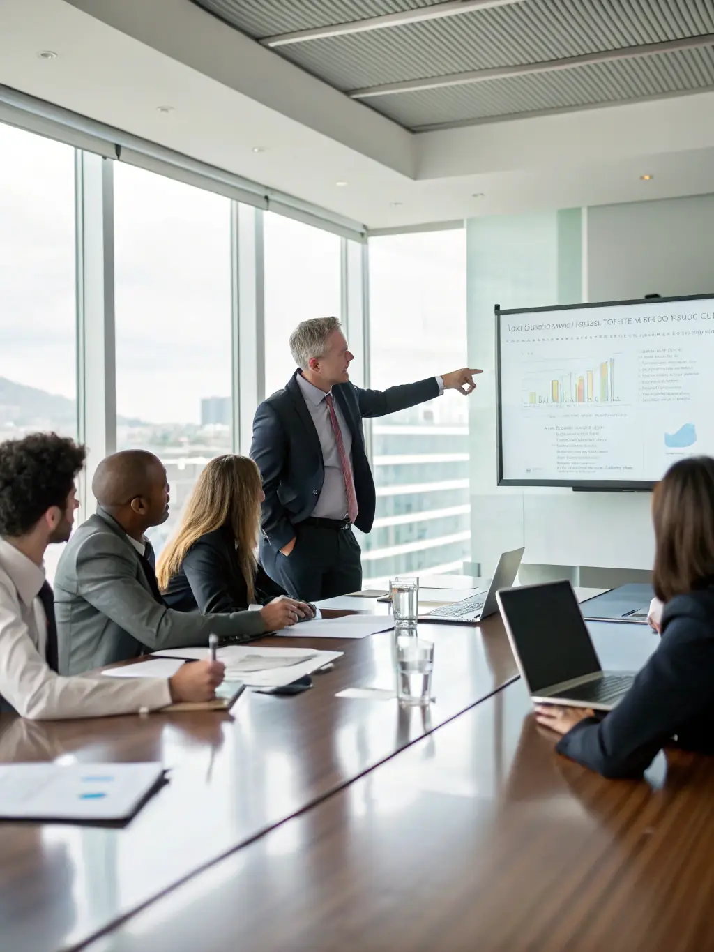 An executive confidently leading a board meeting, representing the high-caliber executive search services offered by GoHire Staffing.