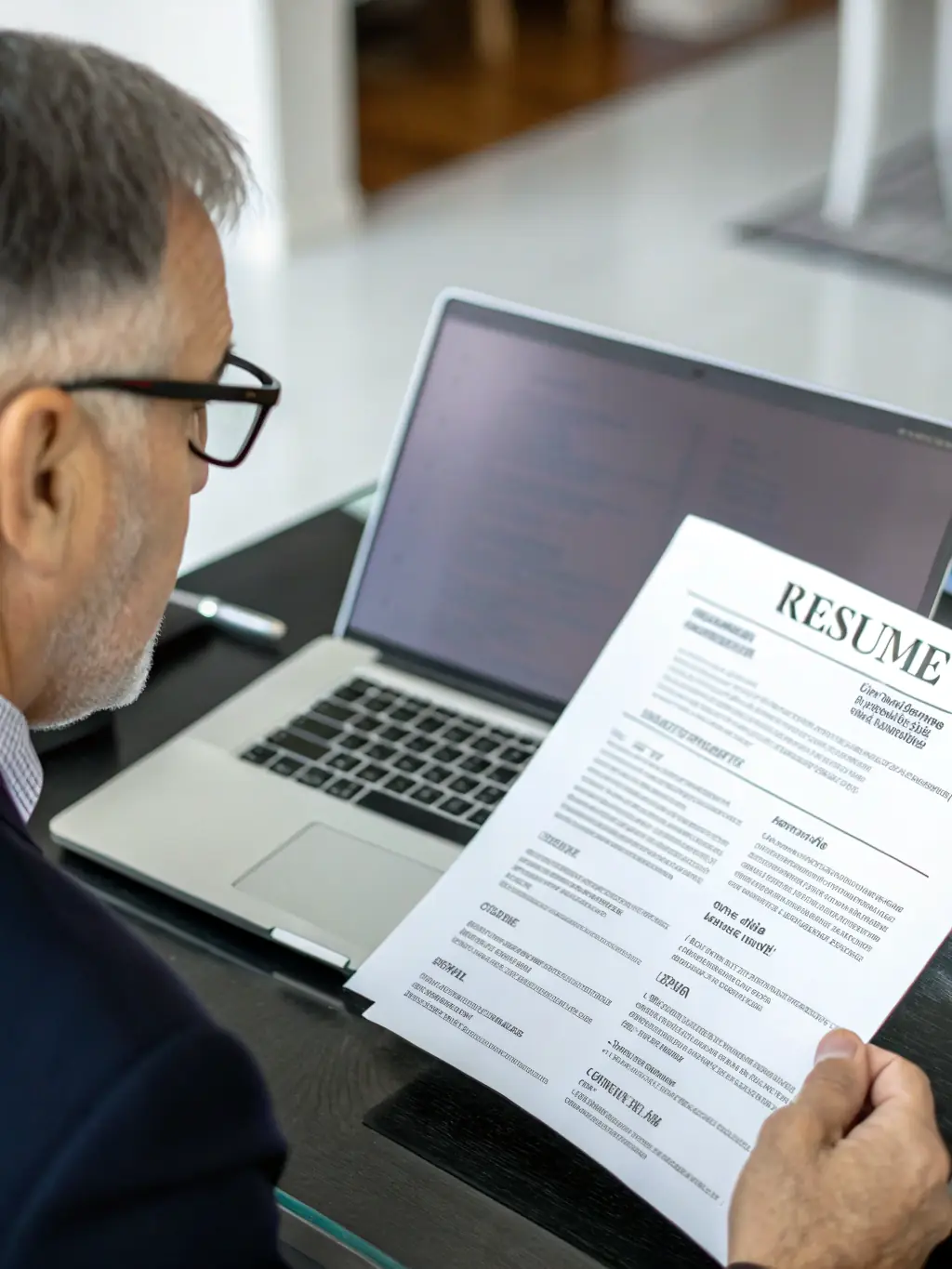 A GoHire Staffing recruiter is reviewing a candidate's resume on a computer screen, highlighting the careful screening process.